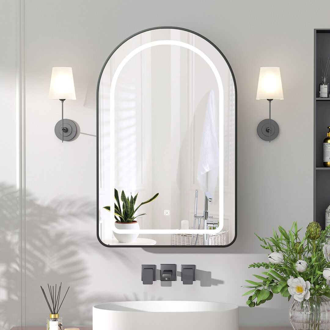 17 Stories Aishwarya 51cm Wx 80cm H x 11.5cm D Arched Bathroom Medicine Cabinet with LED Mirror Matte Black 80mm H