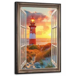 LEINWAND Bilder mit Rahmen - Aussicht - Fenster - Leuchtturm - Sonnenuntergang - Strand - 60x90