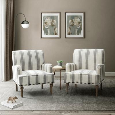 "HULALA HOME Geltrude 28.7"" Upholstered Striped Farmhouse Style Armchair With Nailhead Trim Set of 2"