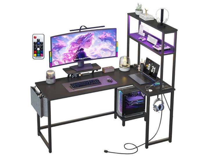 Bureau d'angle en L 124x92 cm avec LED et huche support écran poche latérale crochet casque gaming télétravail