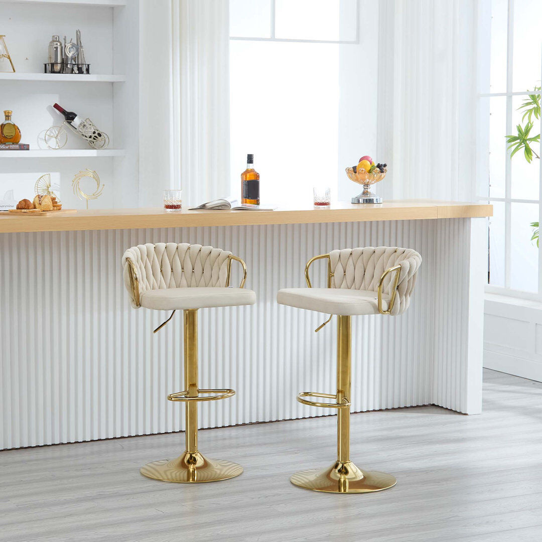 Canora Grey Bar Stool, Breakfast Bar Stool, Velvet Kitchen Stool, Island Counter Stool Height Adjustable, 360° Swivel Stool, with Metal Base and Footrest Cream 2