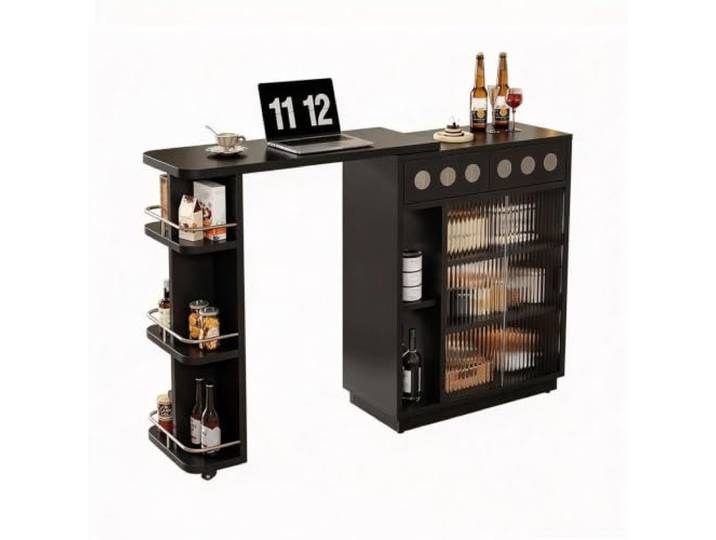 Vintage Ausziehbarer Bartisch Sideboard Insel Kombi für Kleine Wohnung Konsolenschrank Raumteiler mit Stauraum für Wohnzimmer Sofaseite Wandnah(Black)