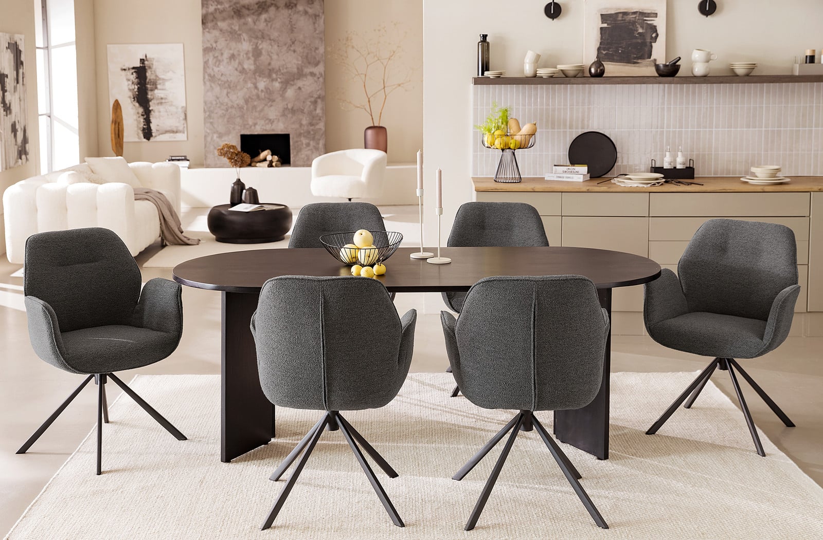 home24 Draaibare armleunstoel MORINI in antracietkleurige bouclé stof, B: 62 cm, D: 90 cm, H: 61 cm