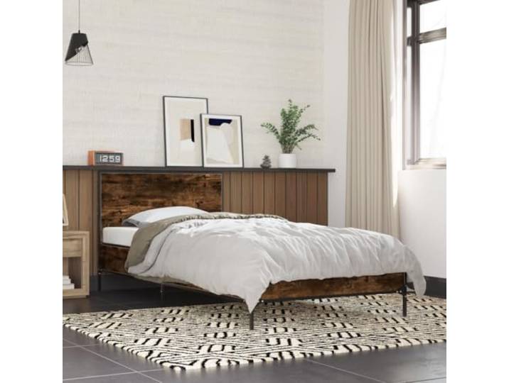 Holzwerkstoff mit Metallbeinen stabil und feuchtigkeitsbeständig Bettgestell Räuchereiche 75x190 cm Holzwerkstoff Metall Bett mit Kopfteil Stauraum Schlafzimmer Möbel Stabil Lattenrost