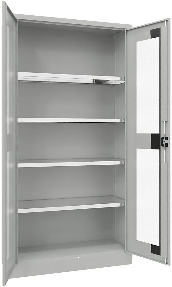 Flügeltürschrank mit Sichtfenster, 4 Fachböden, Höhe 1950 mm, HxBxT 1950 x 1000 x 400 mm, Tür lichtgrau Pavoy