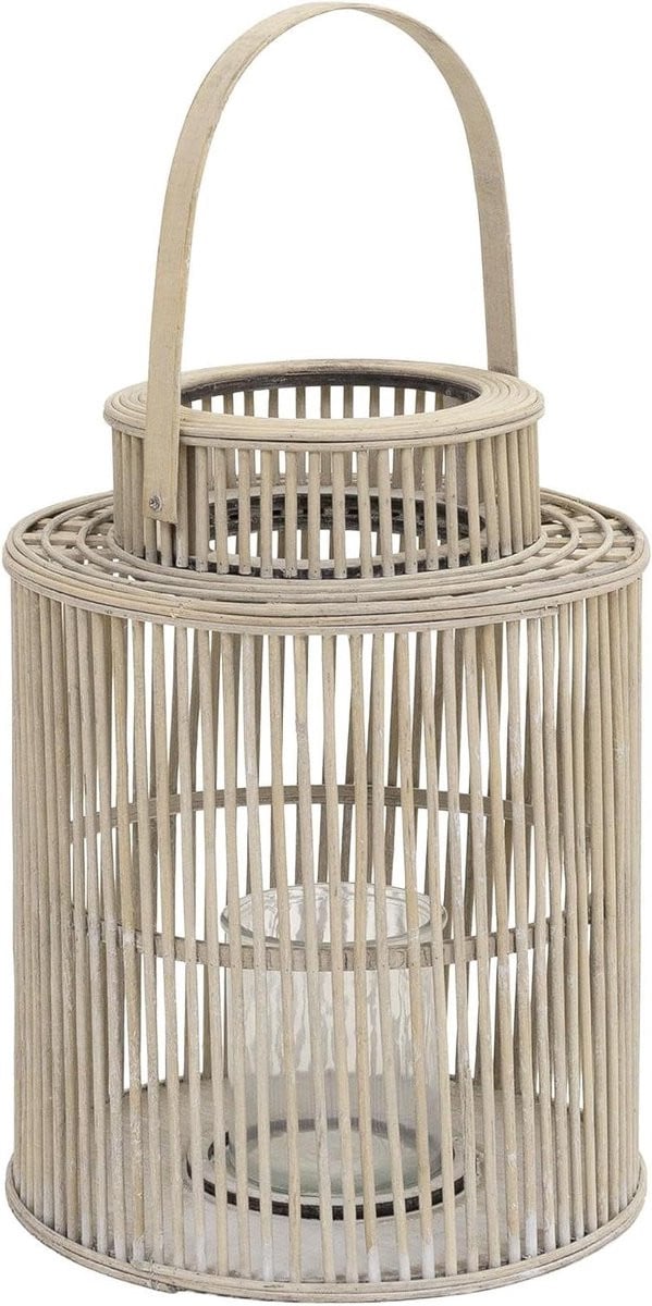 Bamboe Lantaarn Windlicht Decoratie met Glazen Inzet - Houtkleur - Hoogte: 48 cm