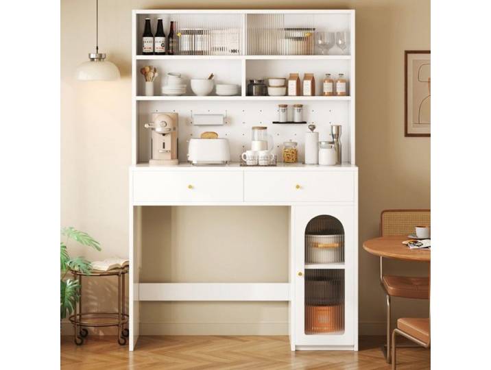 Meuble cuisine salle à manger blanc 120x45x180cm buffet meuble haut fonction bar rangement tiroirs patère étagère réglable