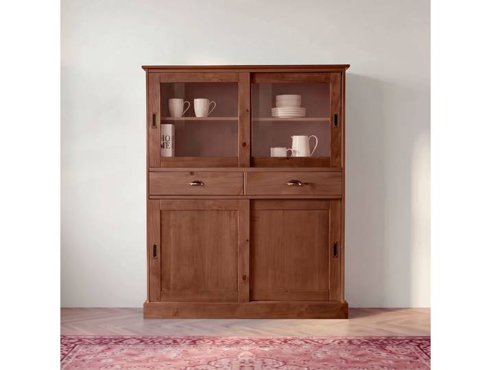 Highboard GOODPRODUCT Schröder , braun, B:114cm H:140cm T:40cm, FSC-zertifiziertes Massivholz, Sideboards, Highboard, Vitrine aus massivem Kiefernholz, Breite 114 cm