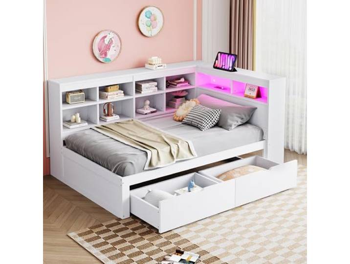 Ball & Cast Schlafsofa (90 * 200cm) Kinderbett mit Vielen Staufächern und Schublade, mit USB-Anschlüssen und Licht Multifunktionales Schlafsofa aus Massivholz, Weiß