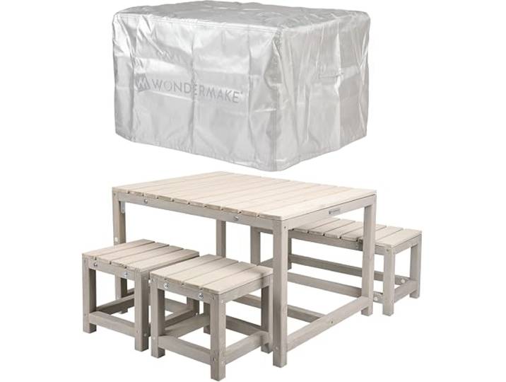 WONDERMAKE® Design Kindersitzgruppe Outdoor Garten Holz mit Abdeckung, Kinder-Sitzgarnitur Indoor Picknick-Gruppe ab 3 Jahre, beige grau