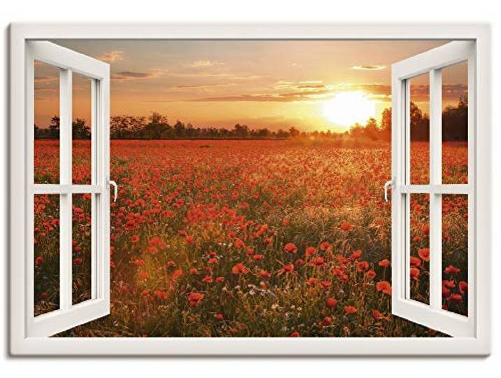 ARTLAND Wanddeko Leinwand Bilder Wandbild Fensterblick Fenster Natur Botanik Blumen Mohnblumen Sonnenuntergang T5ZO