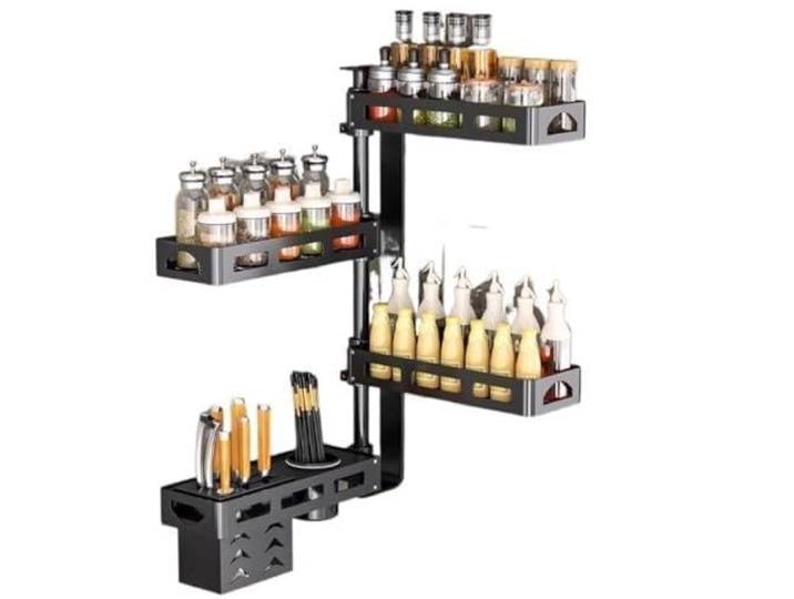 LQHZBFMVDRYW Wandregal Aluminium 4 Ebenen, Gewürz-Organizer Mit Messer-Slot Robuste Aluminiumkonstruktion, integrierter Messerschlitz, flexible Fachanordnung, einfache Montage