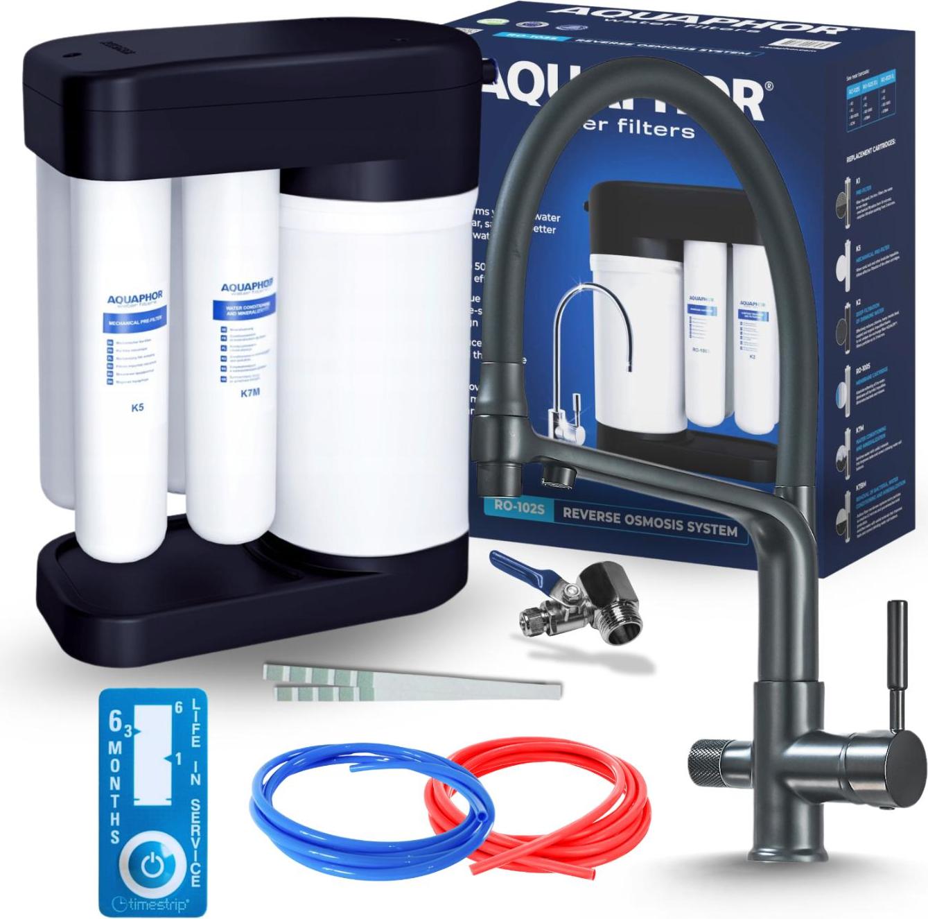 Wasserfilter Set Morion mit 3-Wege Küchenarmatur Ari Schwarz, Umkehrosmose, ausziehbare Brause, 360° schwenkbar