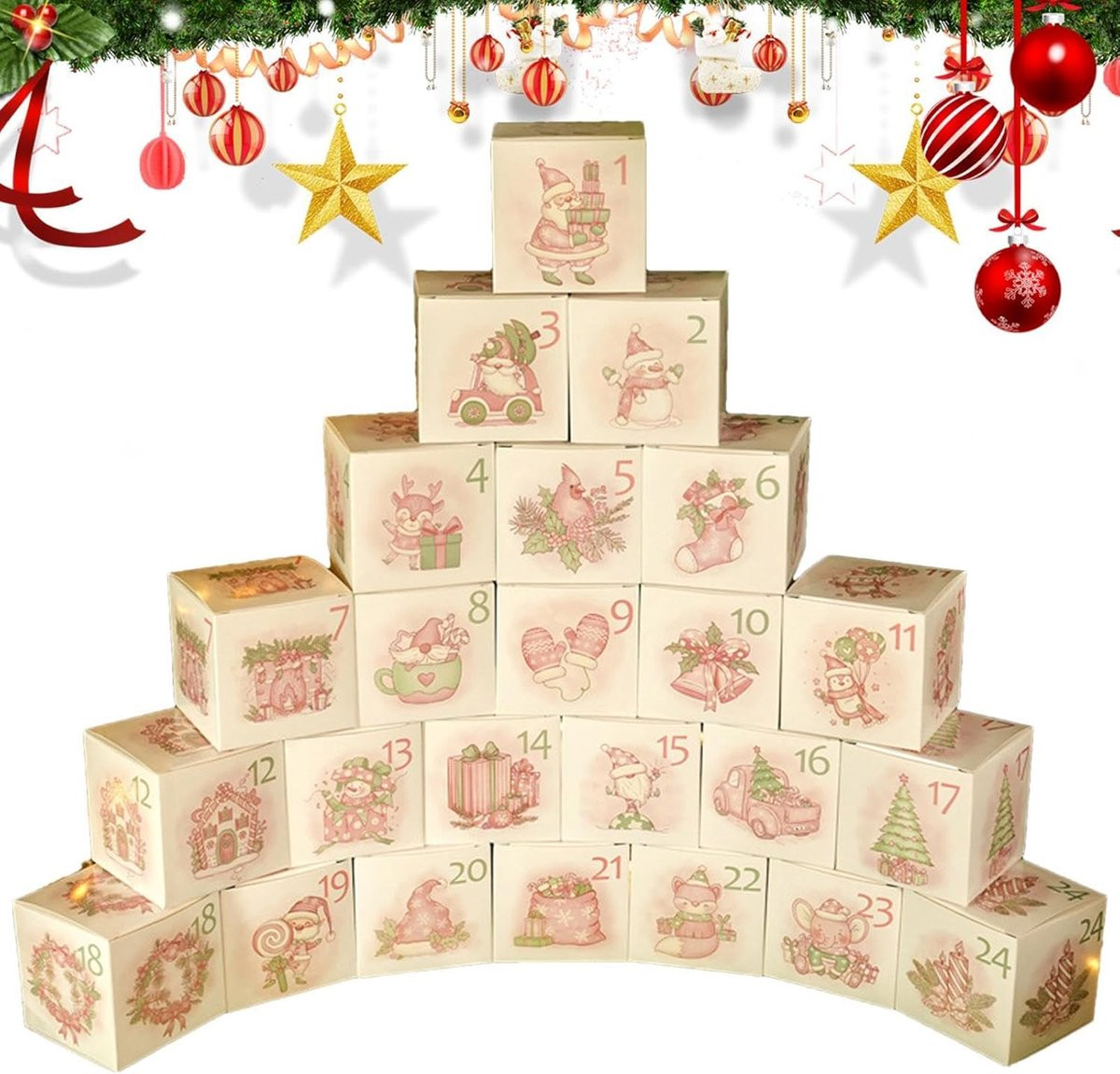 Adventskalender 2025 - 24 stuks Roze DIY Adventskalender Cadeaudoosjes om zelf te vullen