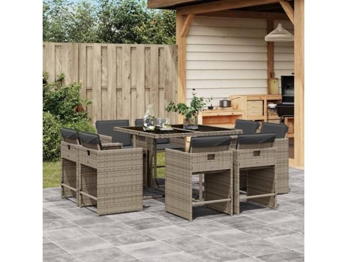 HEFZGDB 9-TLG. Garten-Essgruppe mit Kissen Grau Poly Rattan, Klappstühle mit waschbaren Bezügen und Hartglas-Tischplatte für Terrasse, langlebiges PE-Rattan Outdoor-Möbel Set
