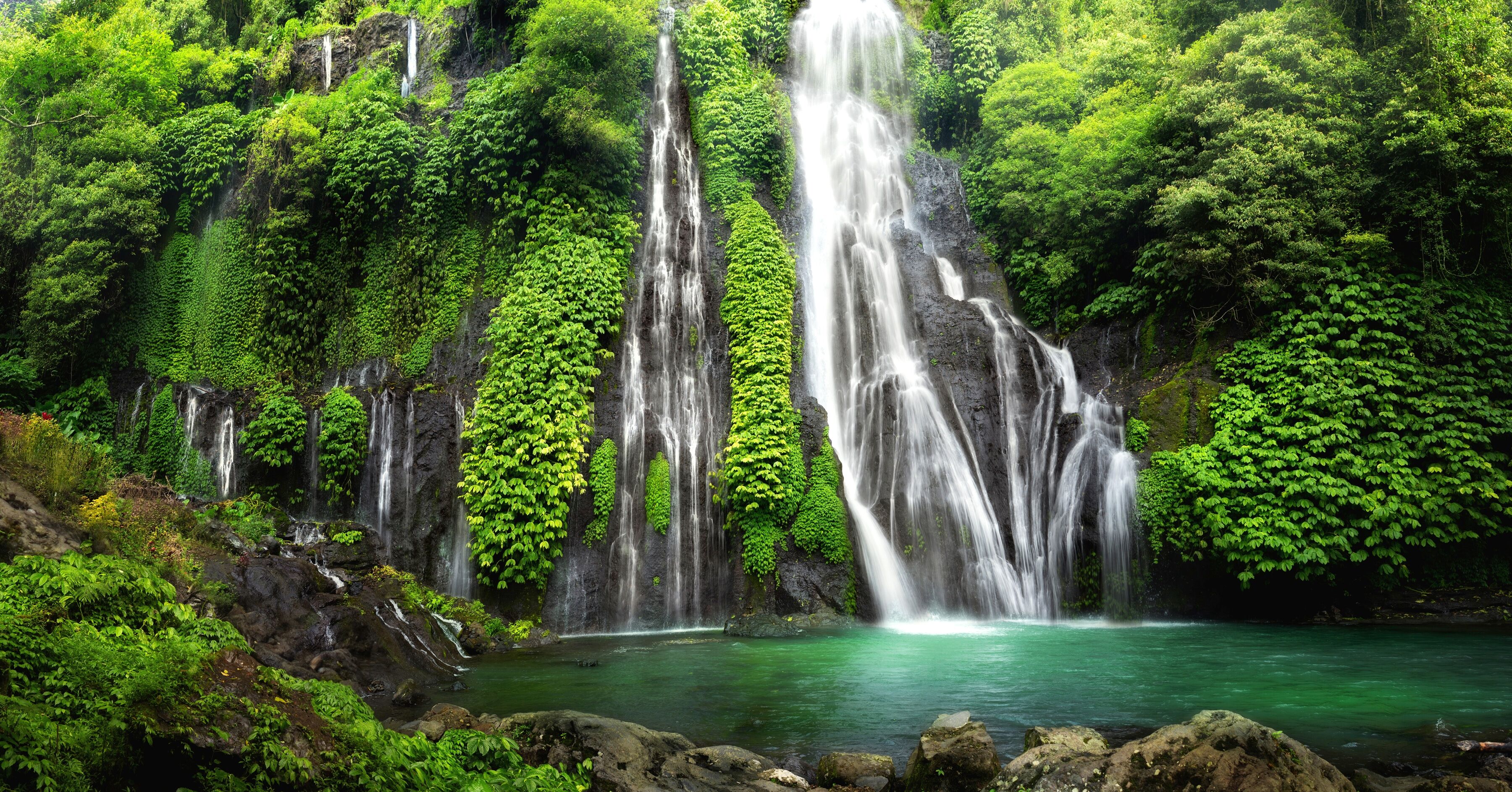 Fototapete PAPERMOON "LAGUNE IM URWALD MIT WASSERFALL", bunt, B:4m L:2,6m, Vlies, Tapeten, Fototapete bunt B/L: 4m x 2,6m, Bahnen: 8 Stk.