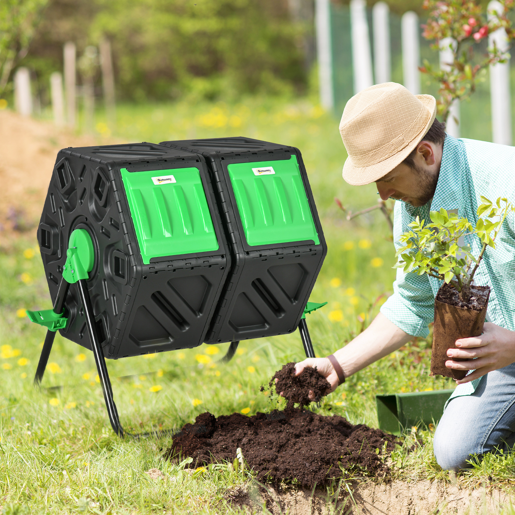 Outsunny Composteur da giardino bac à compost per rifiuti rotativo 360° doppia camera 130 L acciaio PP 67 x 60 x 77 cm nero