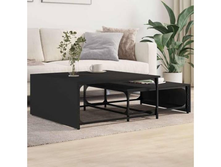 HEFZGDB 2 Satztische Schwarz Holzwerkstoff und Metall Nesting Beistelltische mit Stabilem Metallrahmen und Feuchtigkeitsbeständiger Platte für Wohnzimmer