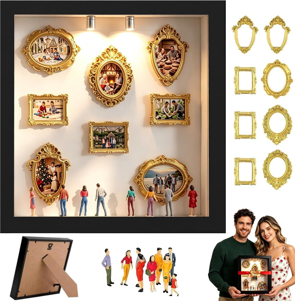 Omgoods DIY Mini Museum Fotolijst met LED-licht en 8 mini gouden frames