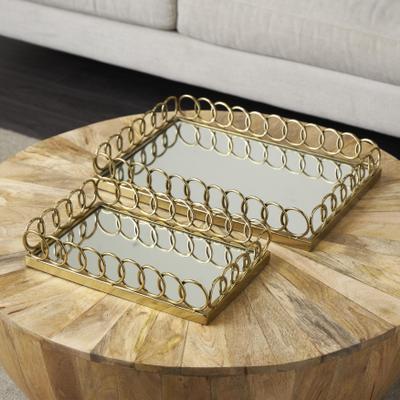 ARCILLA ELEMENTAL Gold Stainless Steel Metal Mirrored Geometric Living Room Decor Tray with Wire Rod Frame and Mirrored Glass Interior (Set of 2)