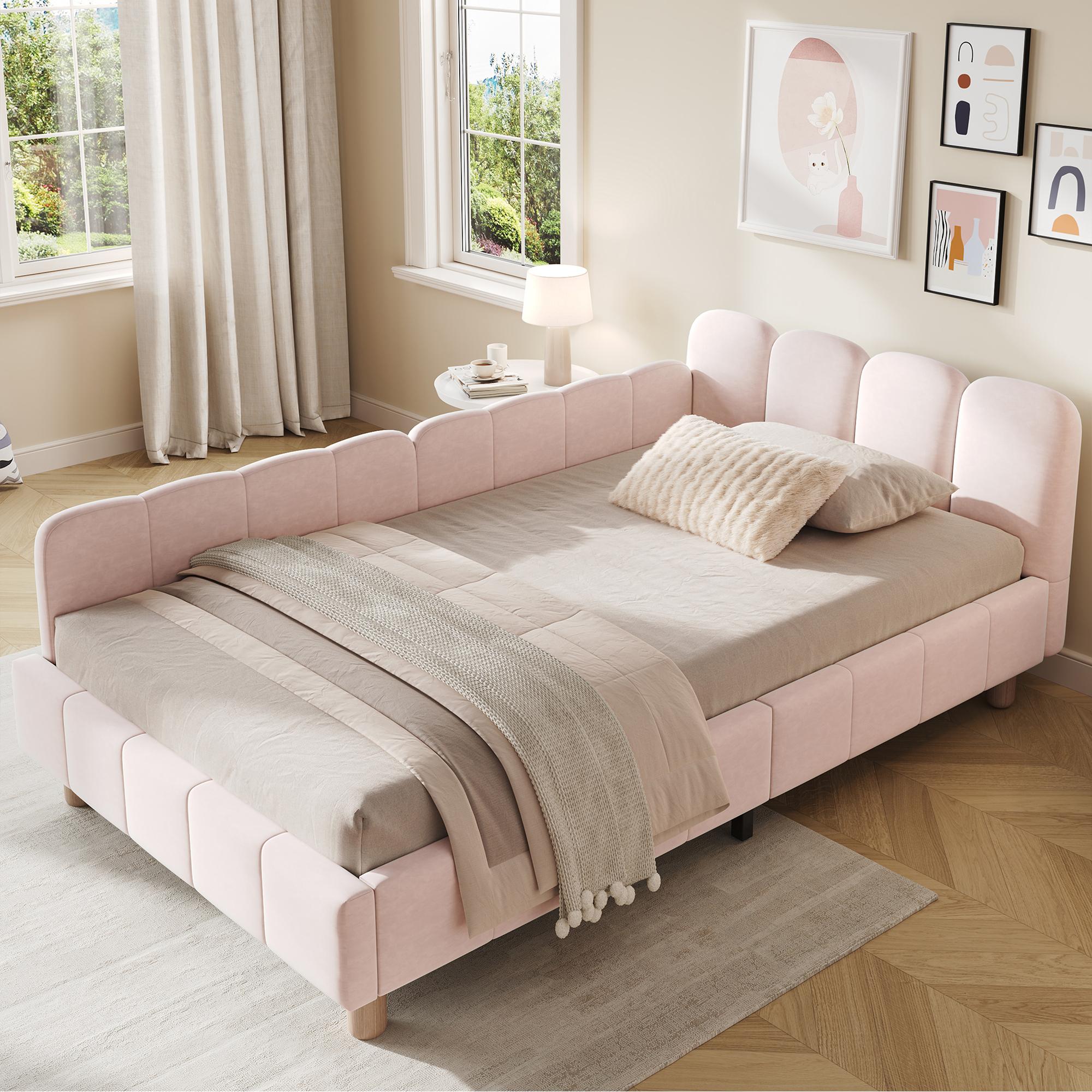 STILVORA Kinderbett 90 x 200cm mit Matratze, Polsterbett mit und gepolstertes, Einzelbettmit Kopfteil und Rausfallschutz, Bettbeine aus Massivholz, Samt, Rosa