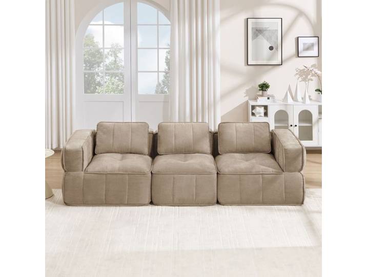 Canapé 3 places modulable couleur sable design sans armature en tissu avec assise profonde pour aménagement de salon 271x93x67cm