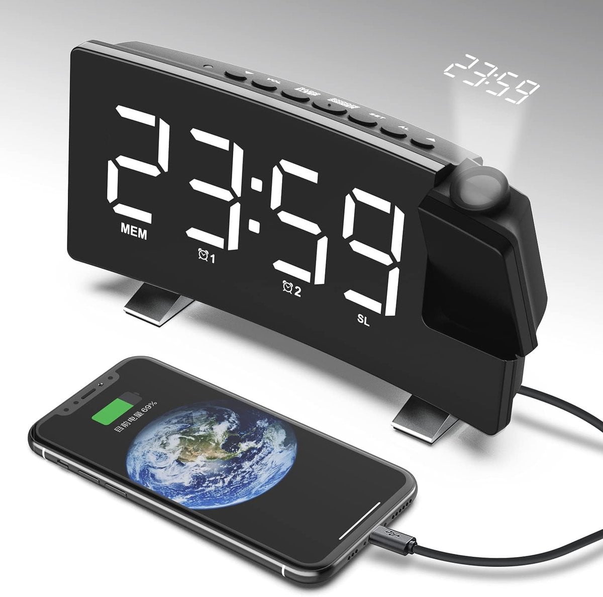 Digitale wekker met projectie, FM-radio, USB-aansluiting en instelbare helderheid