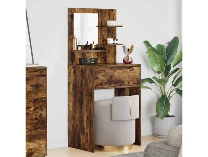 Schlafzimmer Frisiertisch Geräucherte Eiche 80 x 39,6 x 135 cm Holzwerkstoff-Konstruktion, Kugellager-Schubladen, Regale, rechteckiges Design, pflegeleichte Oberfläche