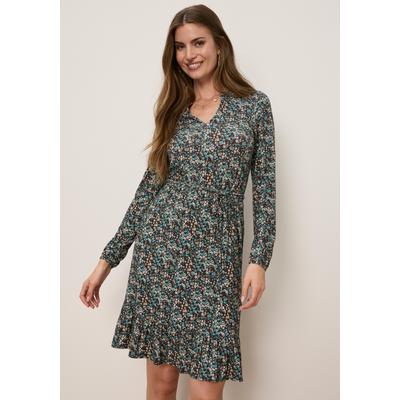 Minikleid TAMARIS "aus Jersey, gemusterte Optik", Damen, Gr. 46, N-Gr, Langarm, Jersey, schwarz, petrol gemustert, Jersey, Obermaterial: 95% Viskose, 5% Elasthan, gemustert, figurbetont kniefrei, Rundhals, Kleider Minikleid, mit taillierter Passform...