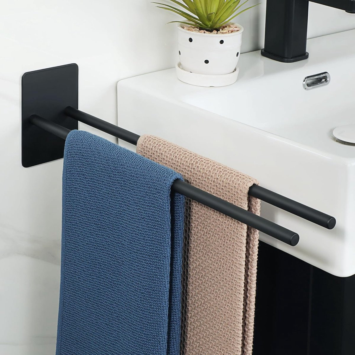 Zelfklevende dubbele handdoekstang voor badkamer en keuken, matzwart, 40 cm, EGDX2302Y-3M-400-B