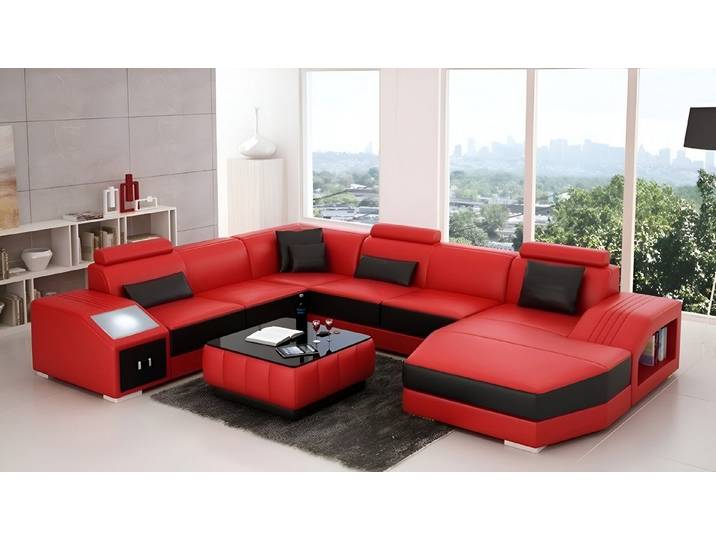 JVmoebel Wohnlandschaft Rotes Leder Ecksofa mit U-Form und integrierter Beleuchtung, Made in Europa