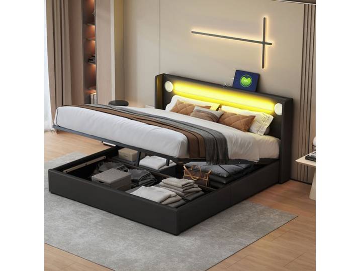 Structure de lit Nouveau épaississement design moderne 160x200 lit rembourré avec bande lumineuse LED lecteur HEGOONEtooth et USB