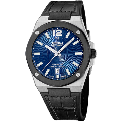 Automatikuhr FESTINA "Vallee", schwarz, blau, blau, Armbanduhren, Herren, silberfarben-schwarz, Automatikuhr, Armbanduhr, Herrenuhr, Swiss Made, Mechanische Uhr, Lederarmband
