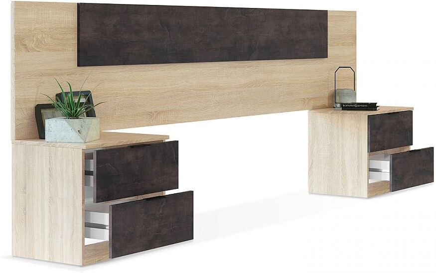 duehome Cabecero para cama de 135-150 cm y 2 mesitas con cajones en roble canadian y óxido Luca Roble Canadian - Óxido
