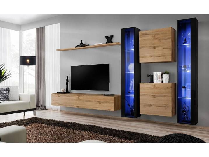 Xlmoebel Wohnwand Möbelkombination aus Holz mit hängenden Schränken in modernem Design, (7-St), Hergestellt in Europa