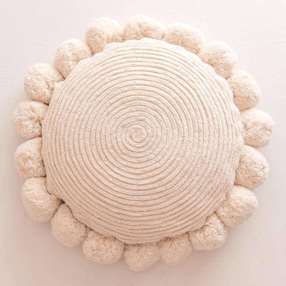 Decoratieve Kussensloop Boho Kussenhoes met Handgetufte Poms - Natuurlijk Wit - Diameter: 40 cm