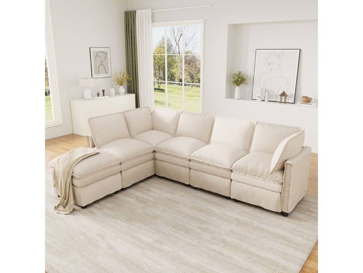 Ensemble de canapés avec 1 Canapé d'Angle 6 Places et 1 Pouf Mobile - TCQPZ - Modulable Forme L ou U - Chenille - Beige
