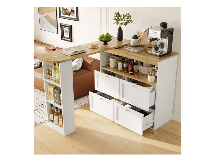 OKWISH Bartisch 360° Drehbarer Bartisch,Kücheninsel (drehbar Sideboard, Esstisch, 4 Schubladen und offene Fächer), 360° drehbare Essbar mit Schubladen und offener Stauraum