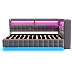 STILVORA Schlafsofa Samtstoff Grau 90x200 cm, mit Stauraum, LED, Regalen, Steckdose, USB-C