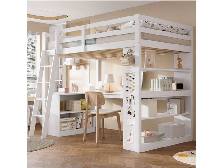 Lit mezzanine enfant 90x200 cm avec étagère panneau en feutre échelle inclinée blanc