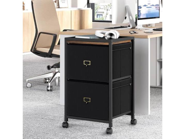 DESSERTE DE BUREAU - HOERFURIY - Caisson Tiroir Mobile - Métal Noir - 2 Tiroirs - 40x40x67 cm