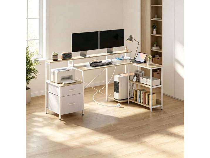 Bureau Informatique Angle 172x100x89cm Bureau en L avec LED RGB et Tiroirs Meuble Rangement Déco Salon Bureau Panneau E1 blanc