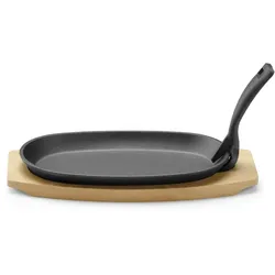 HENDI Gusseisenplatte mit Holzunterlage und Griff, Schwarz, 280x140x(H)30mm