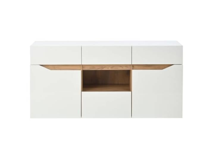 Sideboard 140x70cm Weiß LED 4 Schubladen 140x40x70cm, Spanplatte, Hochglanz/Naturholzoptik, 4 Schubladen, 2 Schränke, LED-App, USB, 50kg, Montage