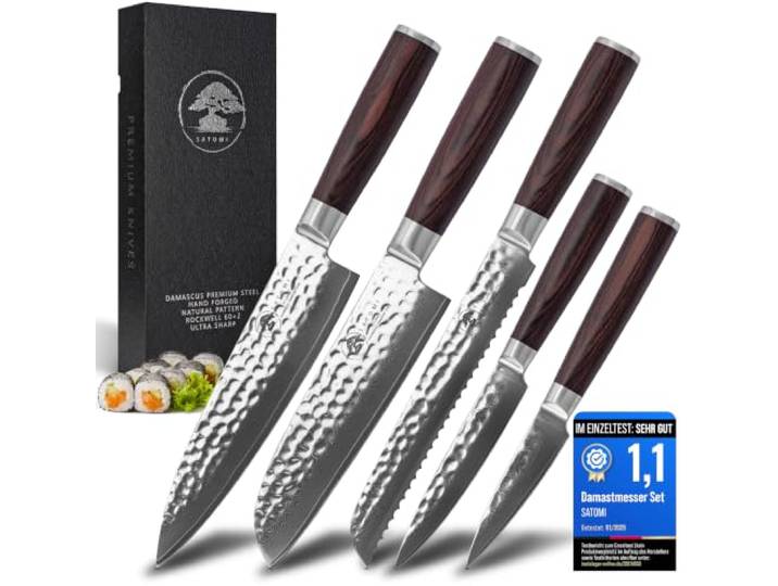 SATOMI® 5er Set Damastmesser Küchenmesser aus Damaststahl - 67 Schichten traditionell Japanischer Stil (5er Set)