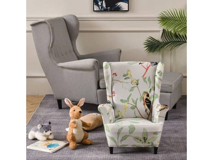 Highdi Enfant Housse de Fauteuil à Oreilles Extensible 2-Pièces Couverture de Fauteuil avec Housse de Coussin en T\, Mode Strandmon Housse de Fauteuil Antidérapante (Fleurs d'oiseaux)