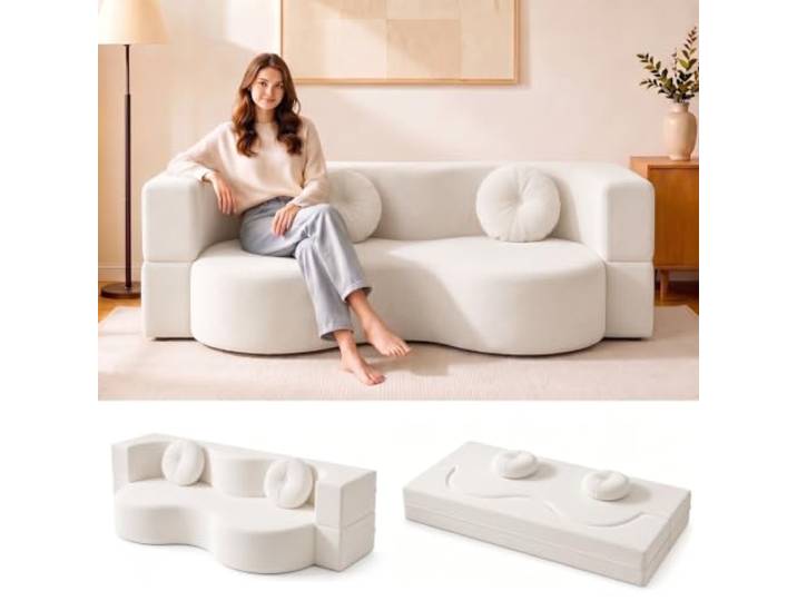 Ribanedy Wandelbares Boneless Schlafsofa，Weiß：200 x 100 cm Vakuumverpacktes, komprimiertes Sofa mit 2 runden Kissen, hochdichtem Schaumstoff und ohne Montage