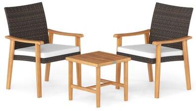 Costway 3 Pieces Patio PE Wicker Furniture Set Acacia Wood Outdoor Conversation Bistro Set-White