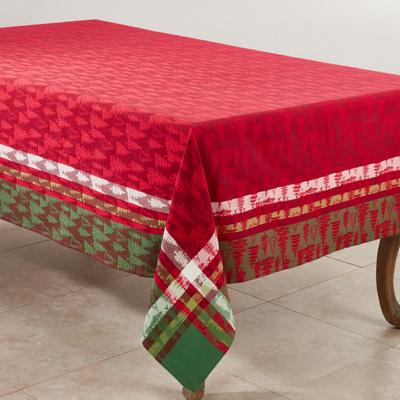 Saro Lifestyle Jacquard Christmas Tree Design Plaid Cotton Tablecloth