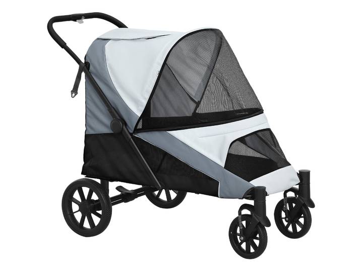 PawHut Hondenwagen, opvouwbare hondenbuggy voor middelgrote honden, dierenwagen met 4 wielen, veiligheidslijnen, remmen, grijs
